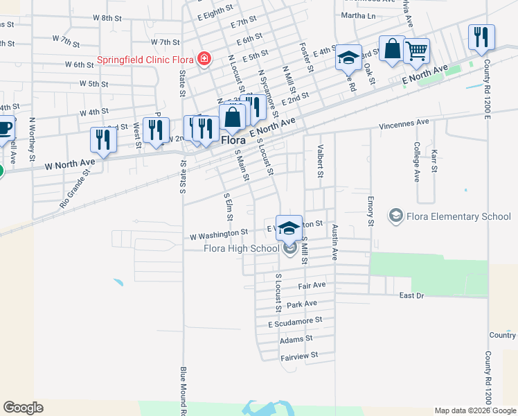 map of restaurants, bars, coffee shops, grocery stores, and more near 414 South Main Street in Flora