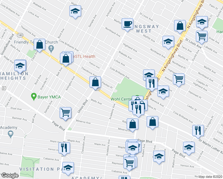 map of restaurants, bars, coffee shops, grocery stores, and more near 5204 Paulian Place in St. Louis