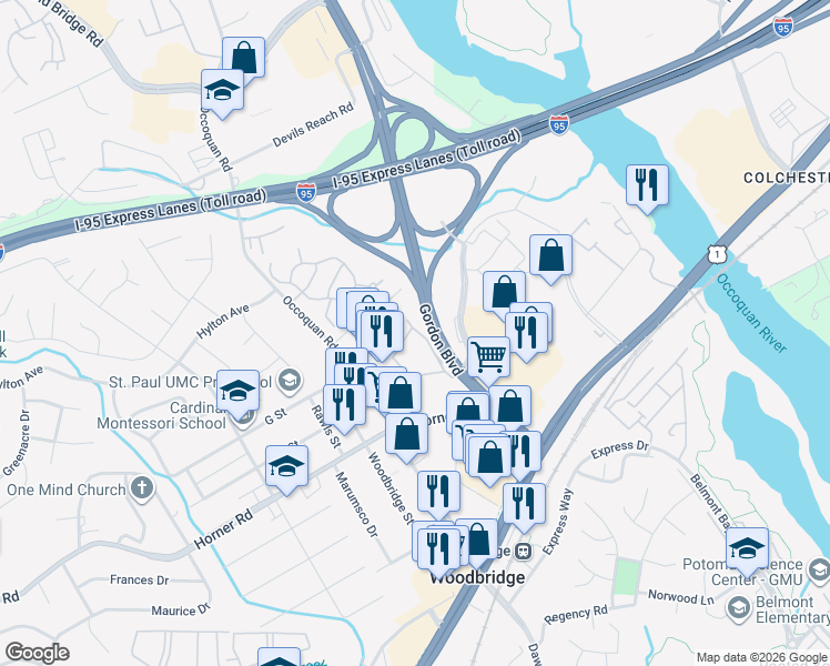 map of restaurants, bars, coffee shops, grocery stores, and more near 1511 Monroe Drive in Woodbridge