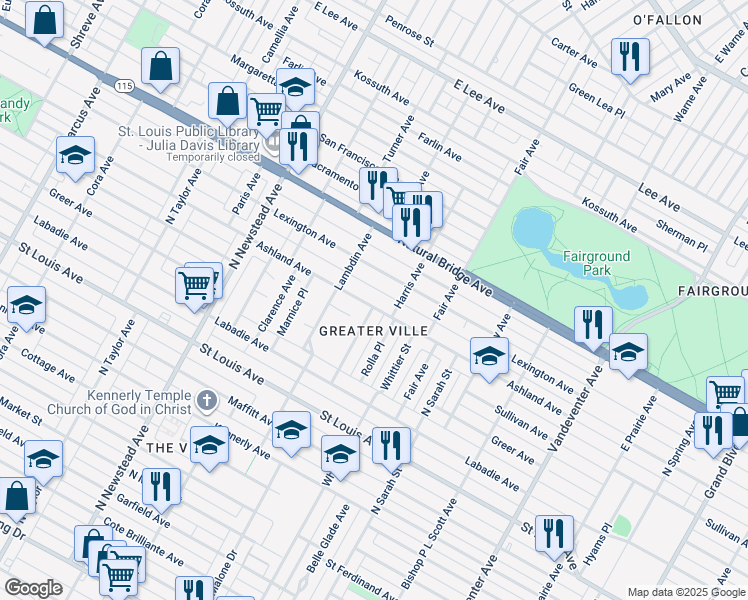 map of restaurants, bars, coffee shops, grocery stores, and more near 4255 Ashland Avenue in St. Louis