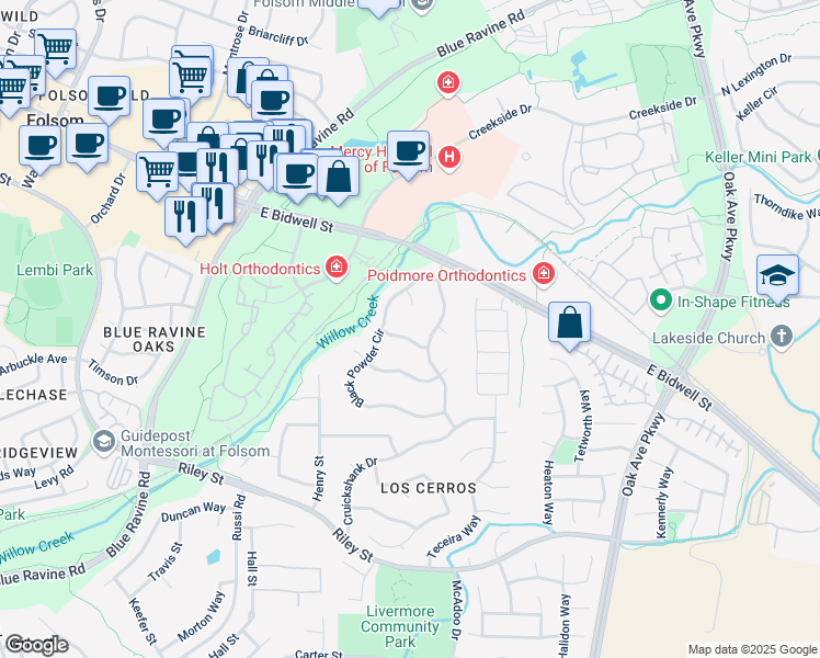 map of restaurants, bars, coffee shops, grocery stores, and more near 102 Russler Lane in Folsom