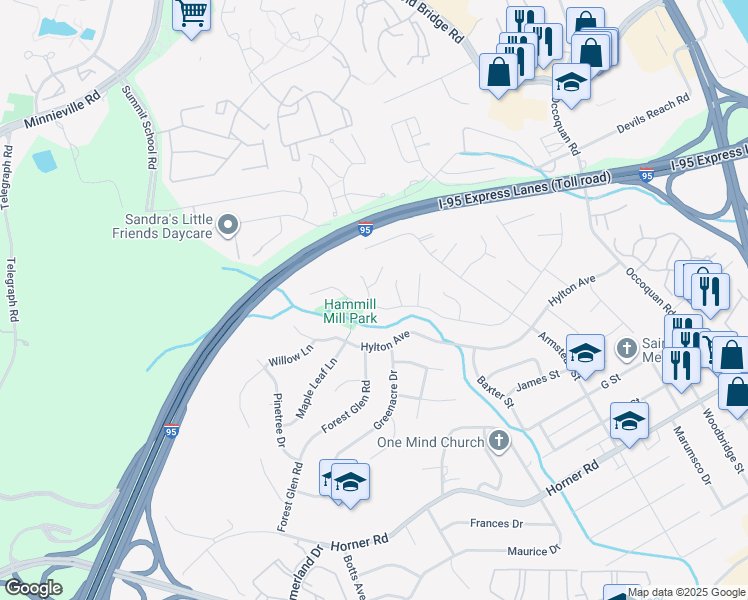 map of restaurants, bars, coffee shops, grocery stores, and more near 1714 Carter Lane in Woodbridge