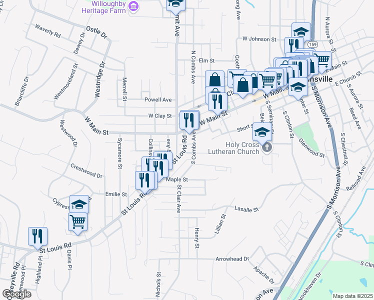 map of restaurants, bars, coffee shops, grocery stores, and more near 128 Saint Louis Road in Collinsville