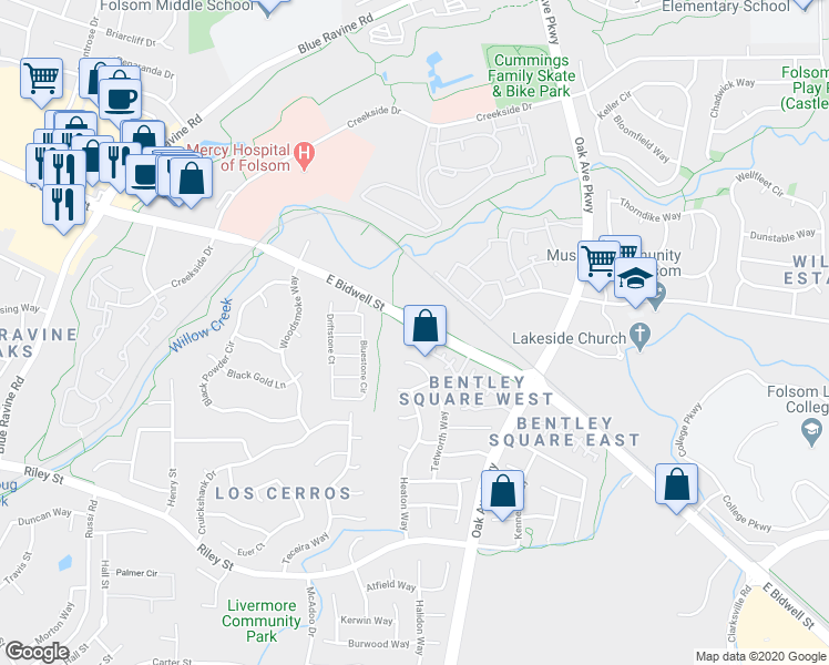 map of restaurants, bars, coffee shops, grocery stores, and more near 755 Winscombe Court in Folsom