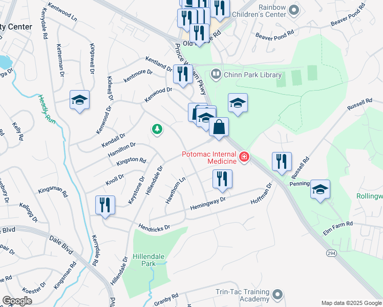 map of restaurants, bars, coffee shops, grocery stores, and more near 13141 Hillendale Drive in Woodbridge