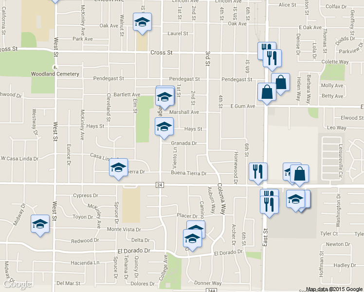 map of restaurants, bars, coffee shops, grocery stores, and more near 1302 Fremont Street in Woodland