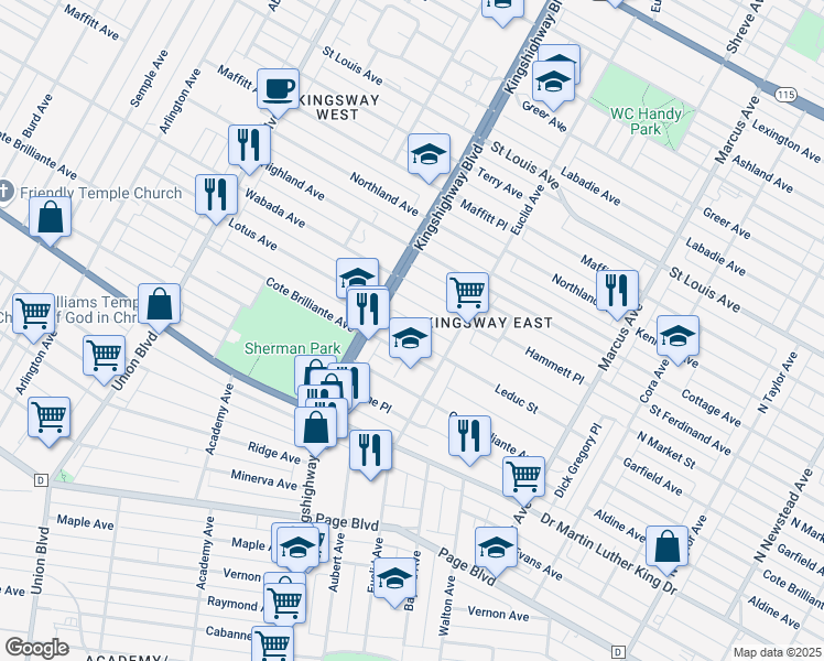 map of restaurants, bars, coffee shops, grocery stores, and more near 4942 Lotus Ave in St Louis