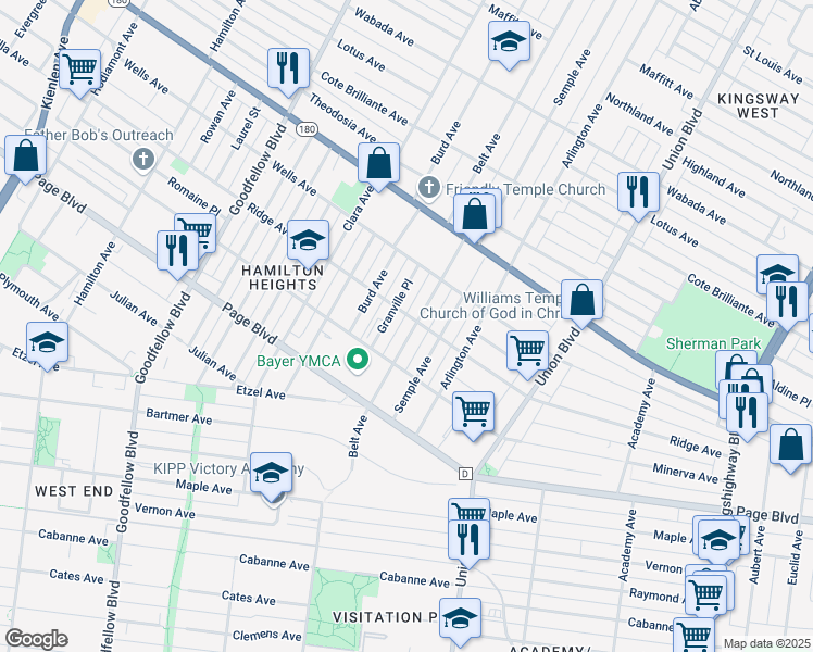 map of restaurants, bars, coffee shops, grocery stores, and more near 1395 Belt Avenue in St. Louis