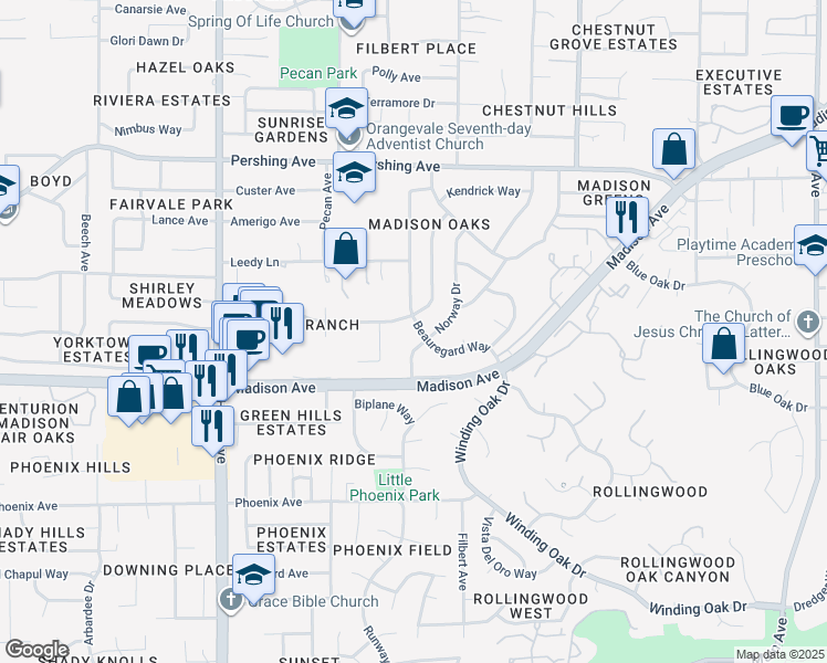 map of restaurants, bars, coffee shops, grocery stores, and more near 5437 Norway Drive in Orangevale