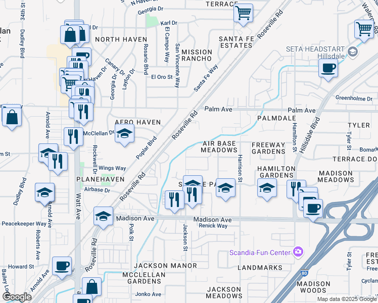 map of restaurants, bars, coffee shops, grocery stores, and more near 5420 Roseville Road in North Highlands