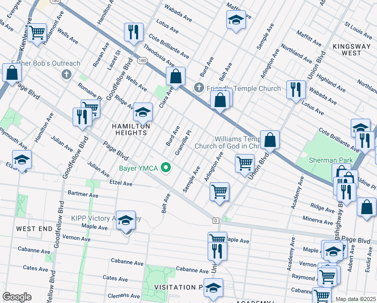 map of restaurants, bars, coffee shops, grocery stores, and more near 1395 Belt Avenue in St. Louis