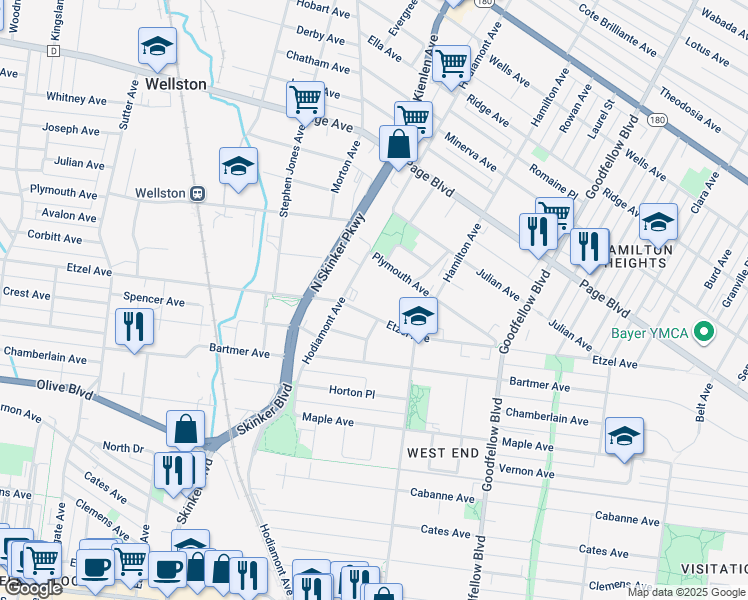 map of restaurants, bars, coffee shops, grocery stores, and more near 6021 Etzel Avenue in St. Louis