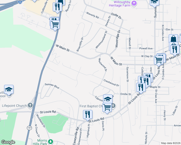 map of restaurants, bars, coffee shops, grocery stores, and more near 401 Crestwood Drive in Collinsville
