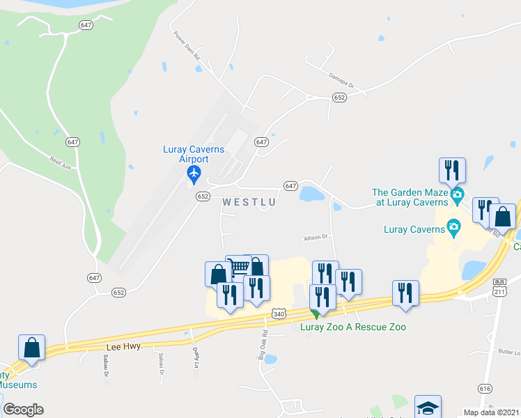 map of restaurants, bars, coffee shops, grocery stores, and more near Westlu Drive in Luray