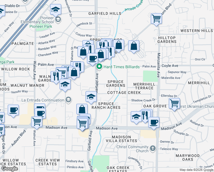 map of restaurants, bars, coffee shops, grocery stores, and more near 5439 Yellow Pine Way in Sacramento