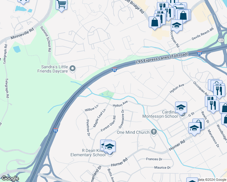 map of restaurants, bars, coffee shops, grocery stores, and more near 1800 Carter Lane in Woodbridge