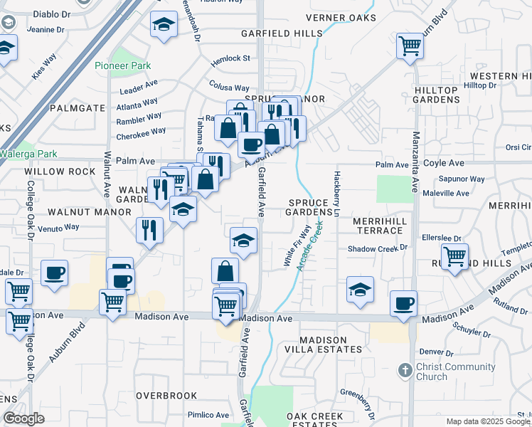map of restaurants, bars, coffee shops, grocery stores, and more near 5434 Garfield Avenue in Sacramento