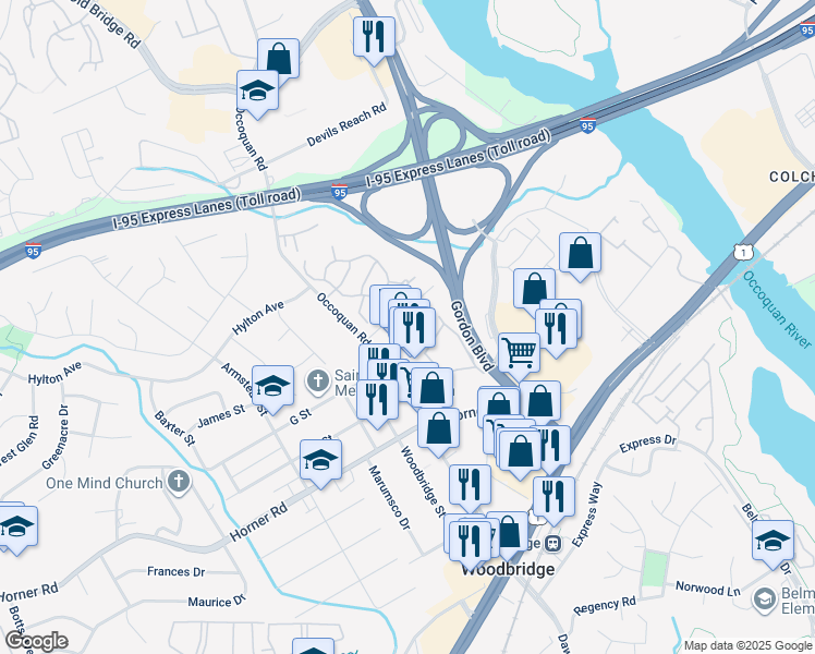 map of restaurants, bars, coffee shops, grocery stores, and more near 13258 Revillo Loop in Woodbridge