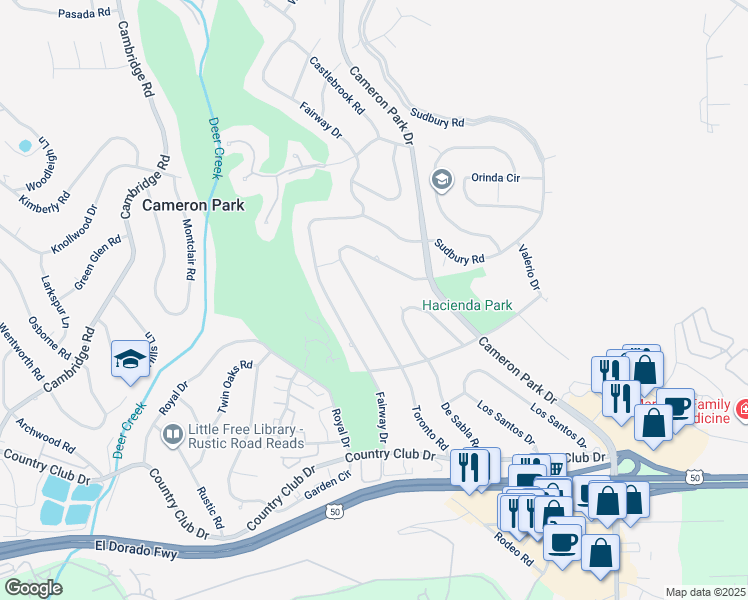 map of restaurants, bars, coffee shops, grocery stores, and more near 3805 Toronto Road in Cameron Park