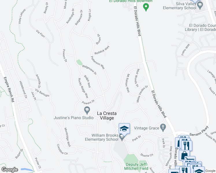 map of restaurants, bars, coffee shops, grocery stores, and more near 3568 Patterson Way in El Dorado Hills
