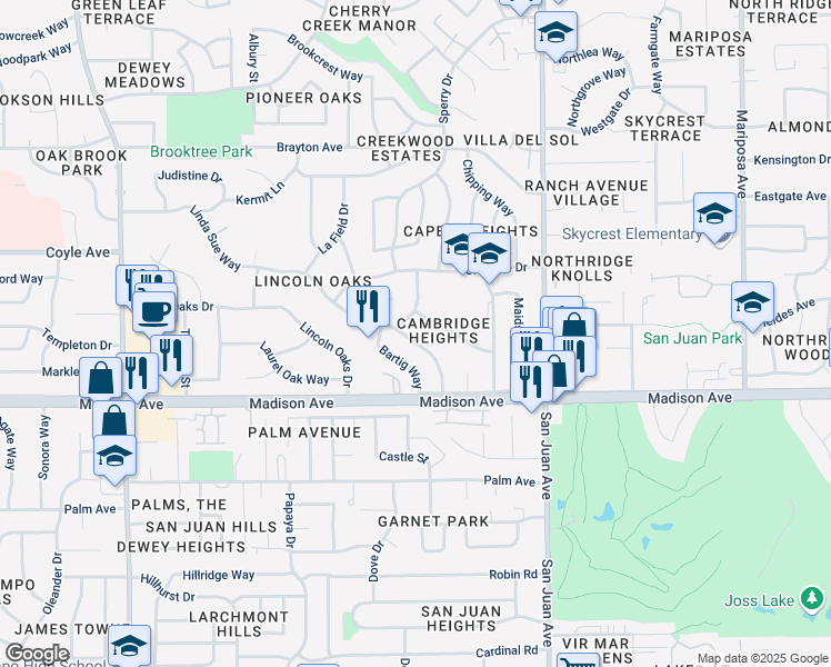 map of restaurants, bars, coffee shops, grocery stores, and more near 7205 Linda Sue Way in Citrus Heights