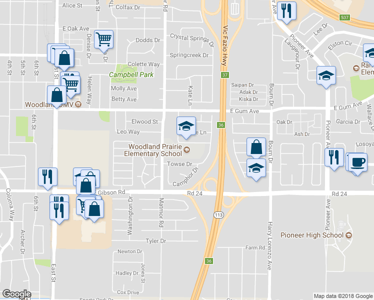 map of restaurants, bars, coffee shops, grocery stores, and more near 1444 Stetson Street in Woodland