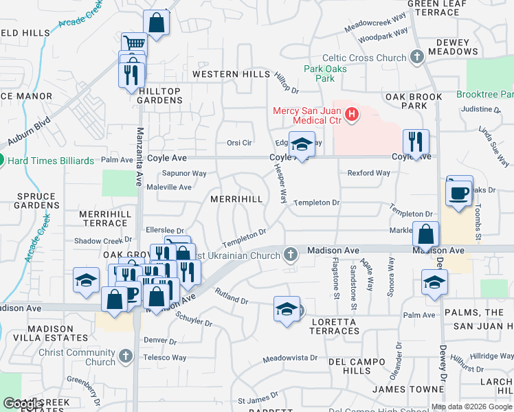 map of restaurants, bars, coffee shops, grocery stores, and more near 5505 Wilsey Way in Carmichael