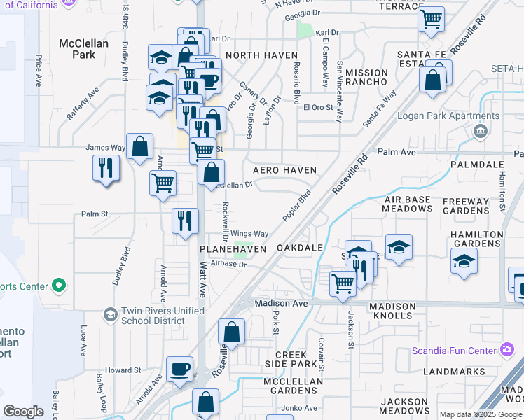 map of restaurants, bars, coffee shops, grocery stores, and more near 5450 Georgia Drive in North Highlands