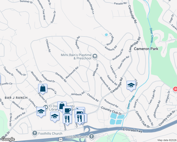 map of restaurants, bars, coffee shops, grocery stores, and more near 2742 Wentworth Road in Cameron Park