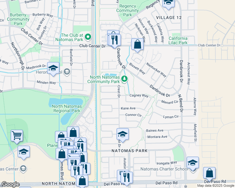 map of restaurants, bars, coffee shops, grocery stores, and more near 9 Ainger Circle in Sacramento