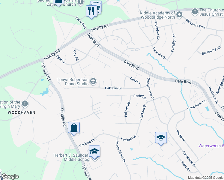 map of restaurants, bars, coffee shops, grocery stores, and more near 6135 Oaklawn Lane in Woodbridge