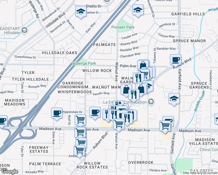 map of restaurants, bars, coffee shops, grocery stores, and more near 5032 Springfield Way in Sacramento