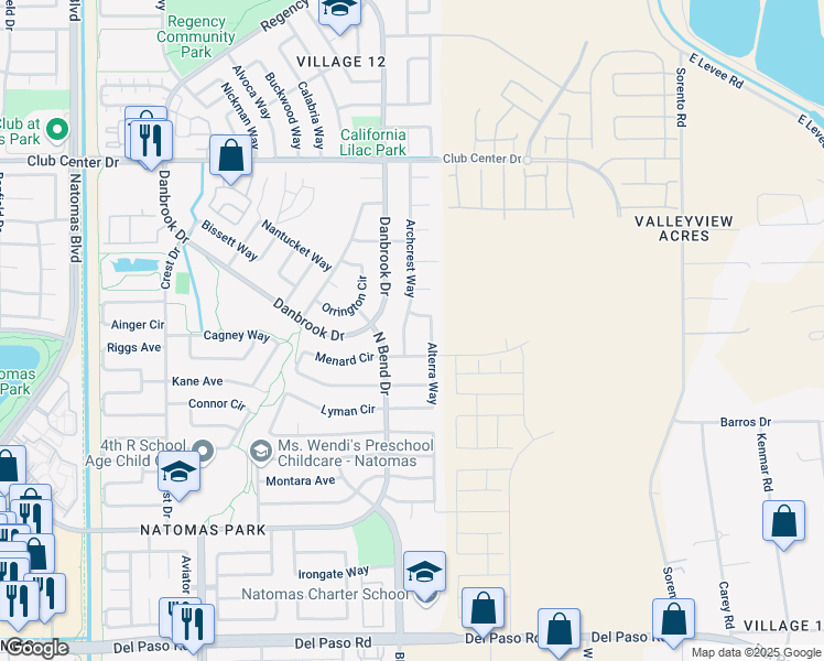 map of restaurants, bars, coffee shops, grocery stores, and more near 5017 Alterra Way in Sacramento
