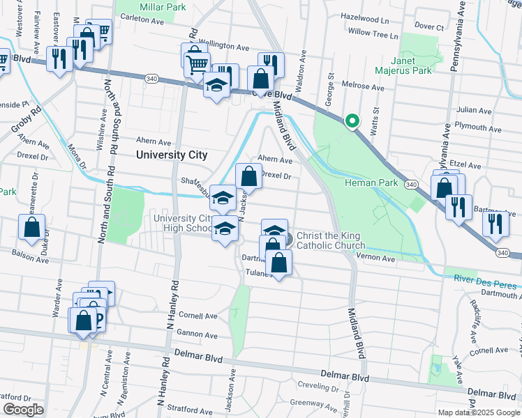 map of restaurants, bars, coffee shops, grocery stores, and more near 7346 Shaftesbury Avenue in University City