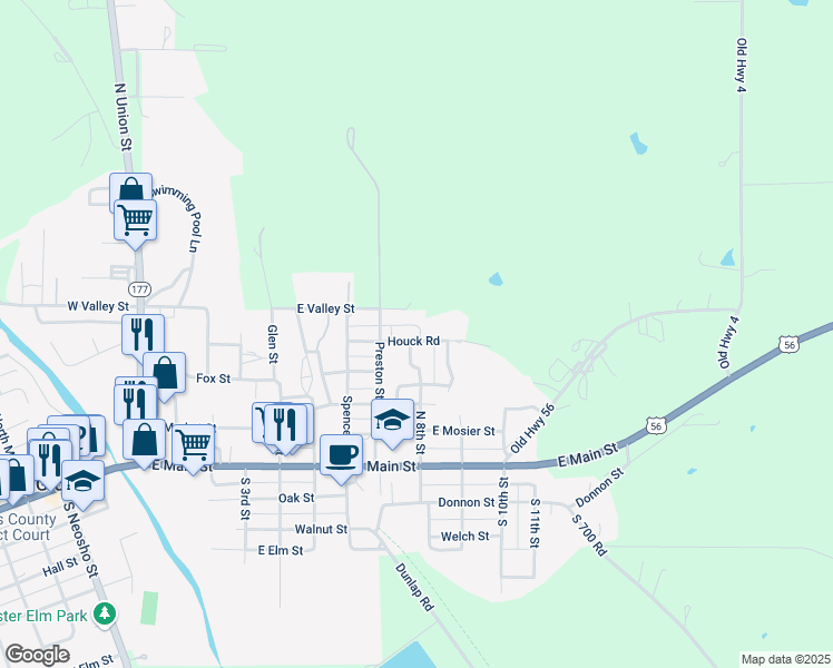map of restaurants, bars, coffee shops, grocery stores, and more near 718 Houck Road in Council Grove