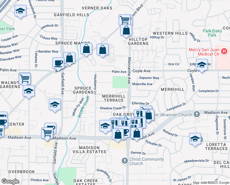 map of restaurants, bars, coffee shops, grocery stores, and more near 5741 Nonnie Avenue in Sacramento