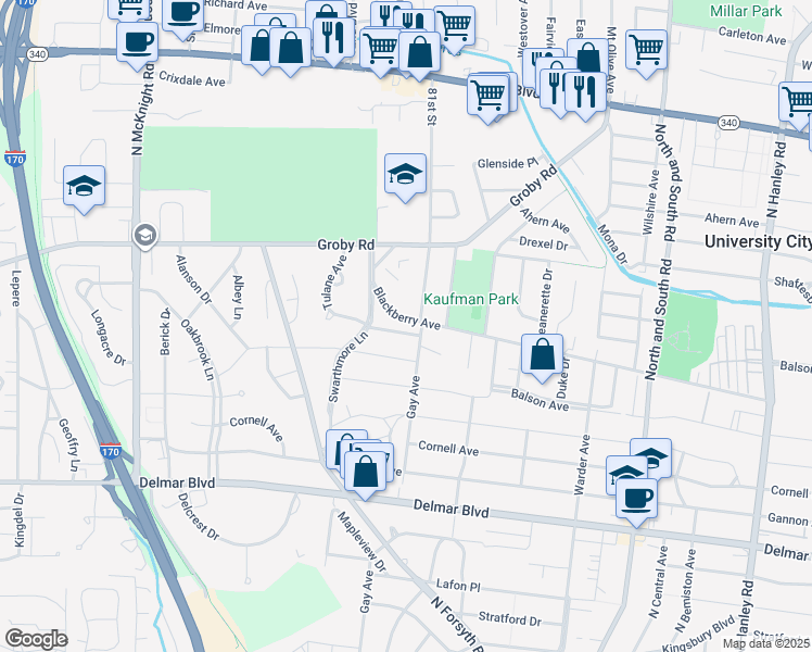map of restaurants, bars, coffee shops, grocery stores, and more near 8111 Tulane Avenue in University City