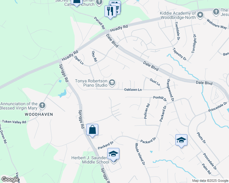 map of restaurants, bars, coffee shops, grocery stores, and more near 6175 Oaklawn Lane in Woodbridge
