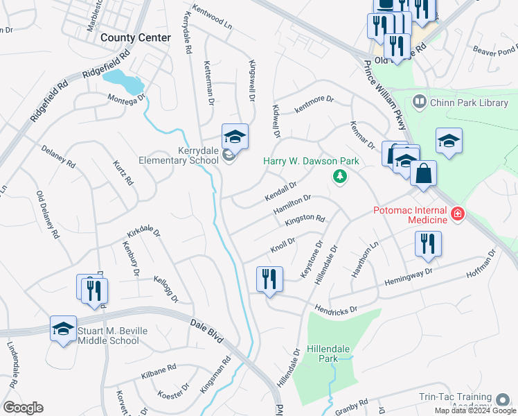 map of restaurants, bars, coffee shops, grocery stores, and more near 4543 Kendall Drive in Woodbridge