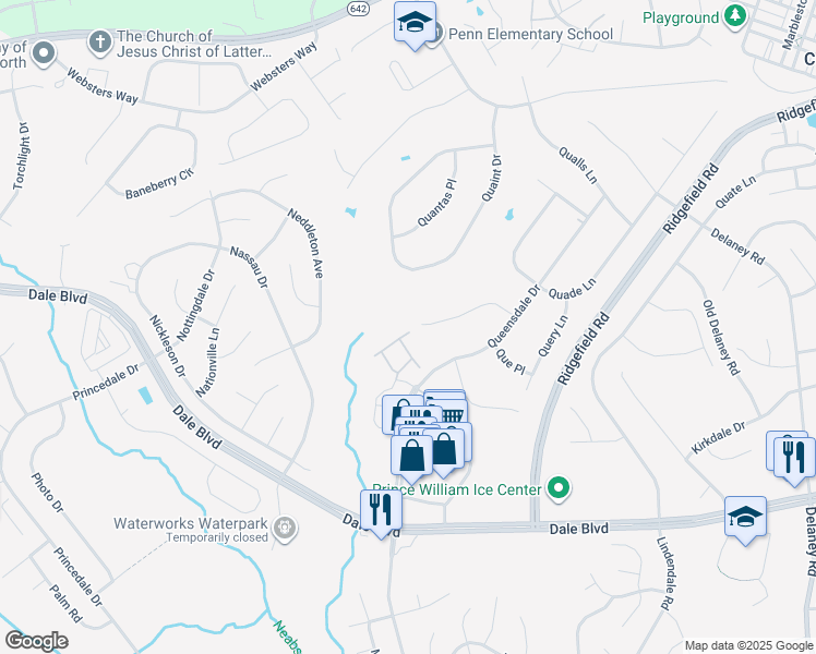 map of restaurants, bars, coffee shops, grocery stores, and more near 13002 Quander Court in Woodbridge