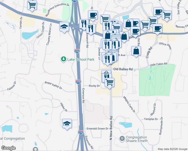map of restaurants, bars, coffee shops, grocery stores, and more near 11955 Randy Drive in Creve Coeur