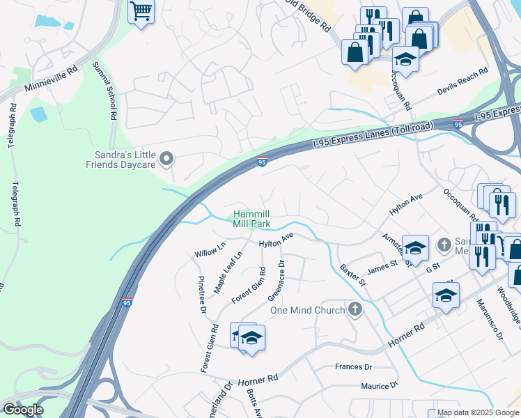 map of restaurants, bars, coffee shops, grocery stores, and more near 1800 Carter Lane in Woodbridge