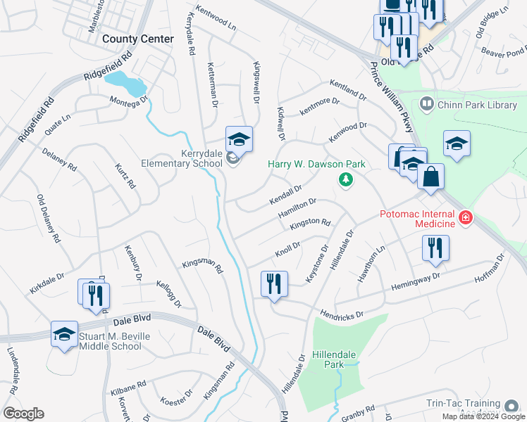 map of restaurants, bars, coffee shops, grocery stores, and more near 4543 Kendall Drive in Woodbridge