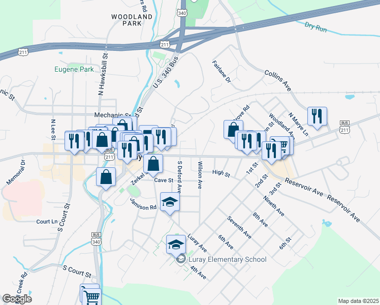 map of restaurants, bars, coffee shops, grocery stores, and more near 211 East Main Street in Luray