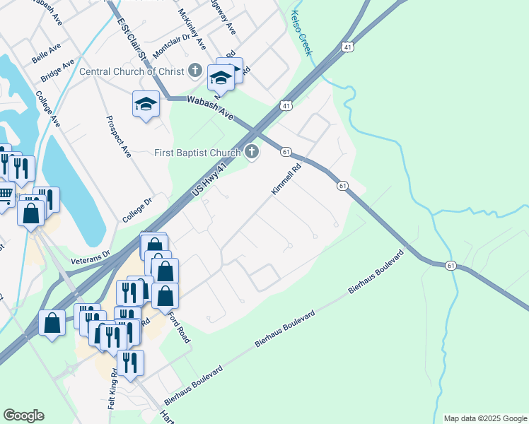 map of restaurants, bars, coffee shops, grocery stores, and more near 1501 Kimmell Rd in Vincennes