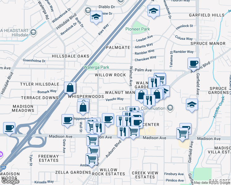 map of restaurants, bars, coffee shops, grocery stores, and more near 5000 Springfield Way in Sacramento
