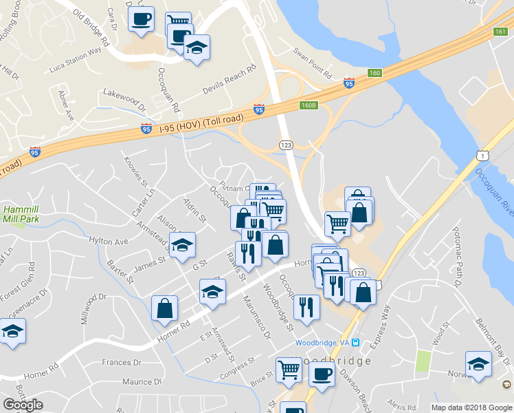 map of restaurants, bars, coffee shops, grocery stores, and more near 1279 Corbett Place in Woodbridge