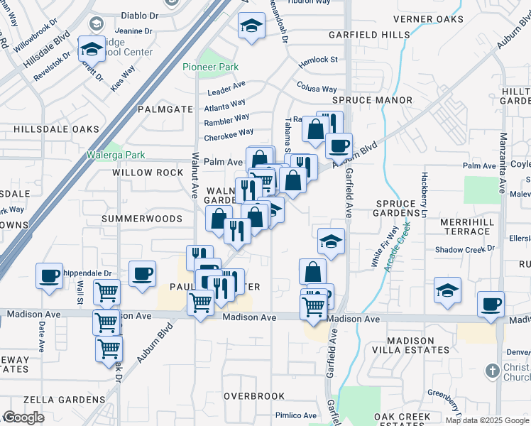 map of restaurants, bars, coffee shops, grocery stores, and more near 5302 Auburn Boulevard in Sacramento