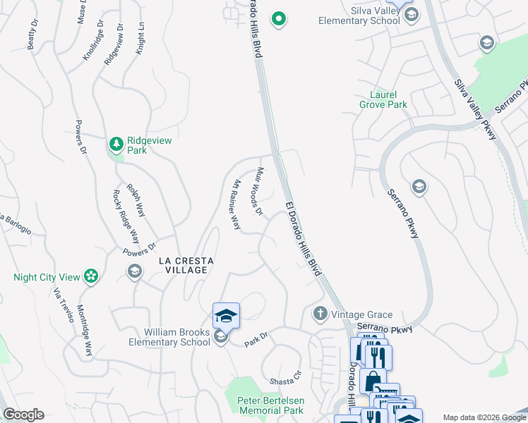 map of restaurants, bars, coffee shops, grocery stores, and more near 3112 Muir Woods Drive in El Dorado Hills
