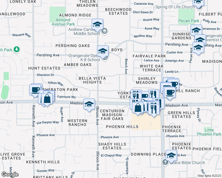 map of restaurants, bars, coffee shops, grocery stores, and more near 8733 Piedra Way in Fair Oaks